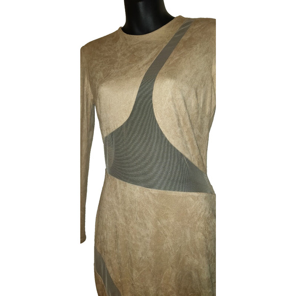 Va Va Voom Dress BODYCON Beige See-thru Mesh Panels Faux Suede Vintage Y2K M - Picture 6 of 15